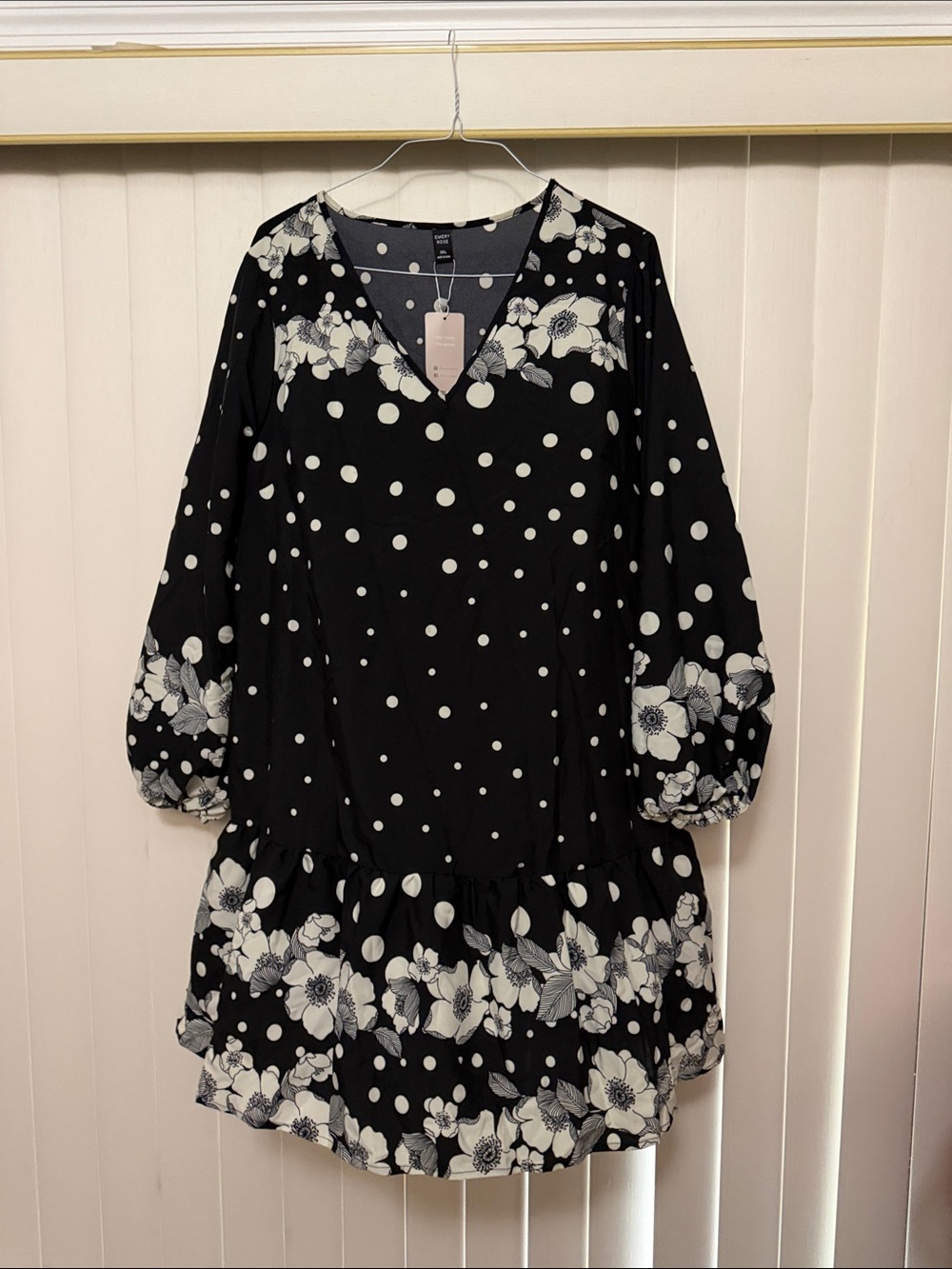 Black & White Polka Dot Floral V-Neck Women's Dress